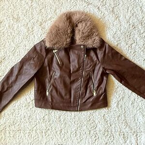 Forever 21 Chocolate Leather Jacket with Faux Fur Collar